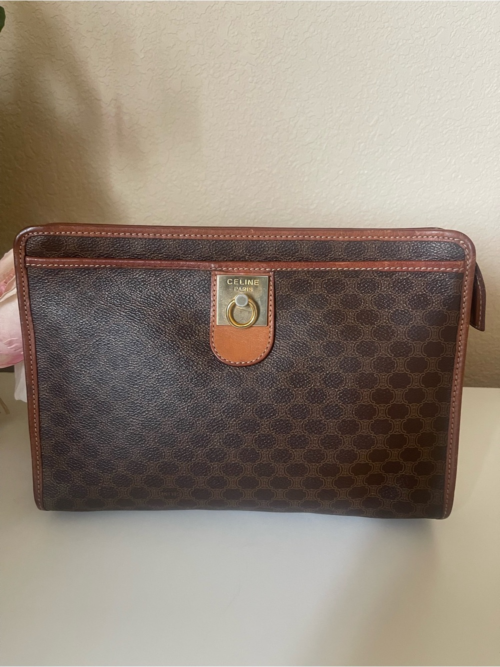 Celine Brown Canvas & Tan Leather Toiletry Pouch